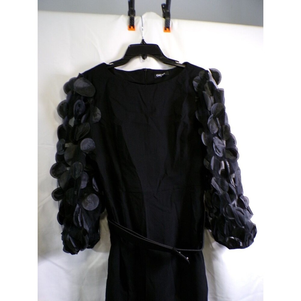 CHICME Women XL Black Maxi Dress Puff Sleeve Appliqué Belted Party - Picture 2 of 6